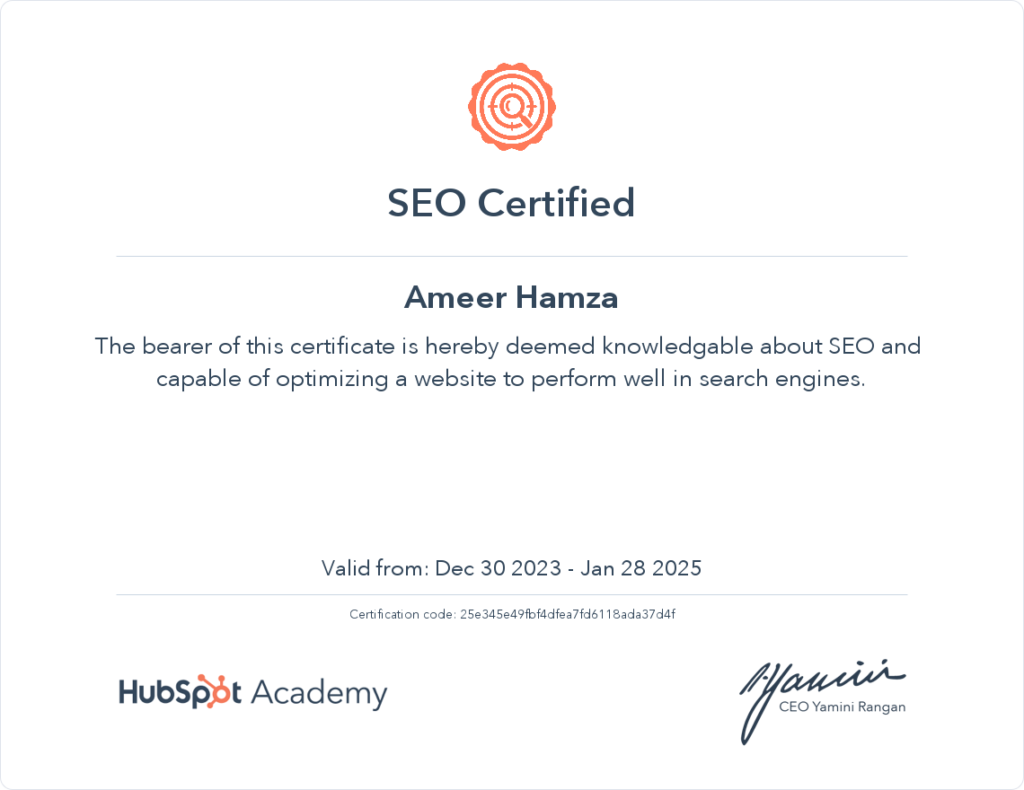 Hubspot SEO Training Certificate Awarded To Ameer Hamza