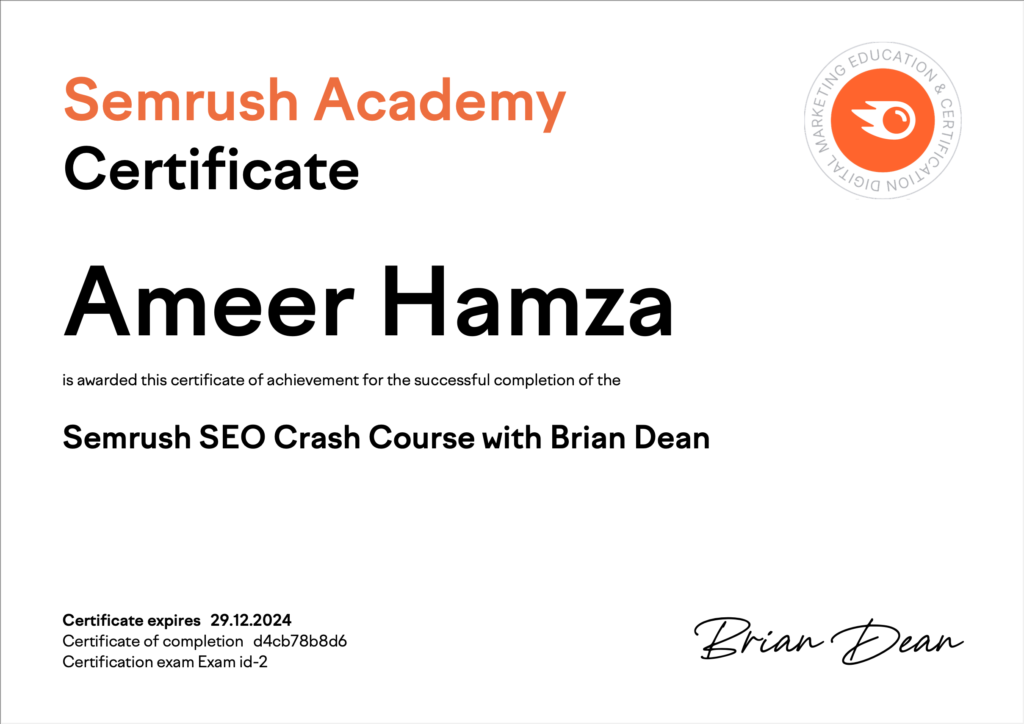 SEO Expert Certificate From Semrush To Ameer Hamza SEO Certificate From Semrush