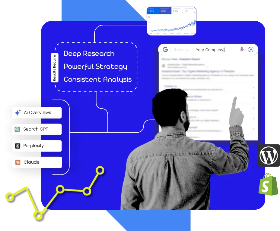 SEO strategy illustration showing deep research, AI tools (Search GPT, Claude), and AnalyticsXpert helping brands ranking at the top of Google search results.
